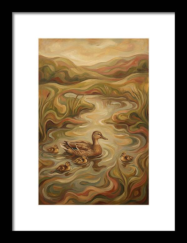 Duck With Ducklings In Pond
