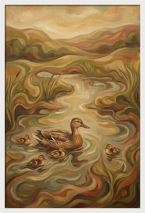 Duck With Ducklings In Pond