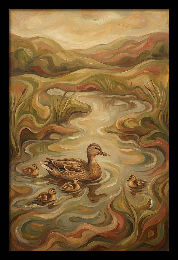 Duck With Ducklings In Pond