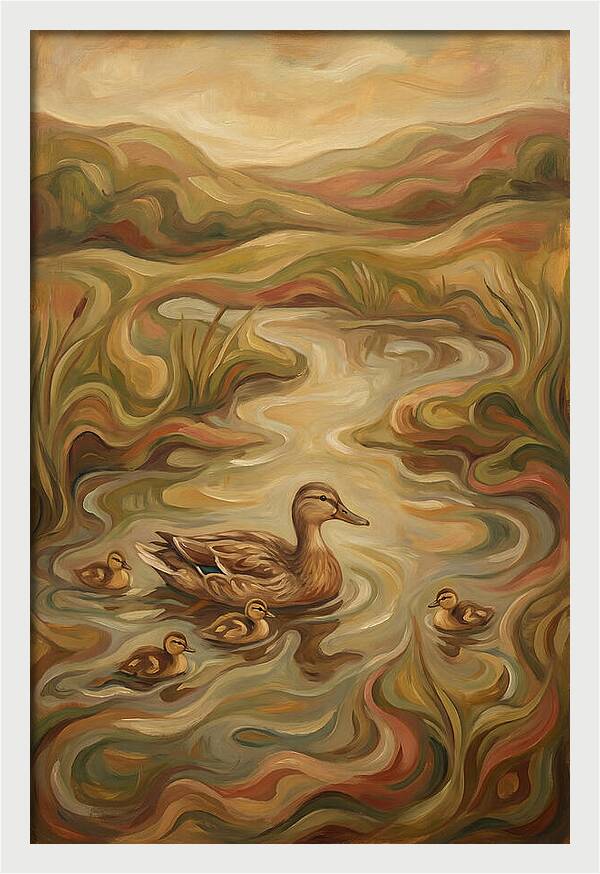 Duck With Ducklings In Pond