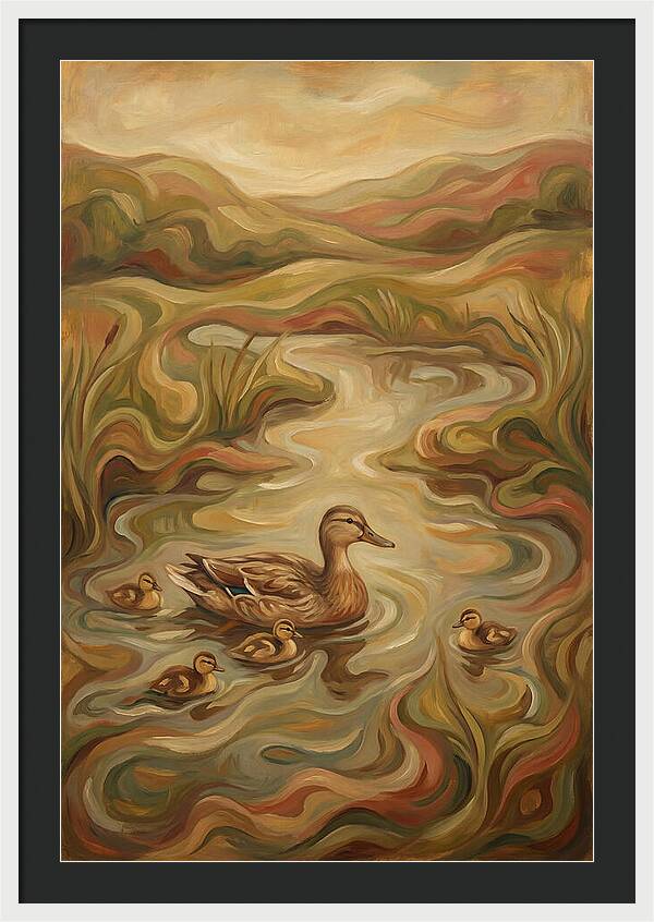 Duck With Ducklings In Pond