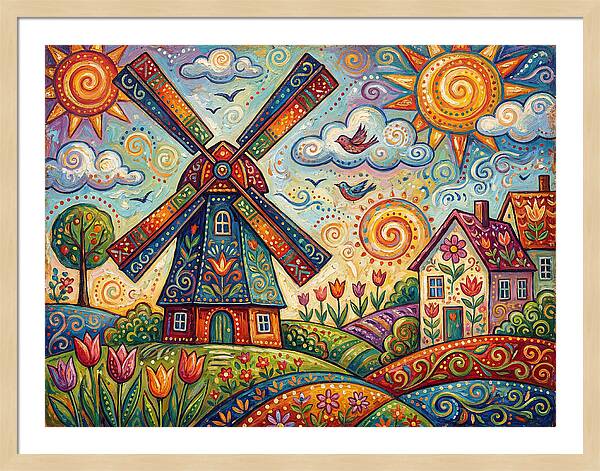 Dutch Windmill In Vibrant Landscape
