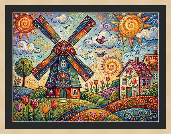 Dutch Windmill In Vibrant Landscape