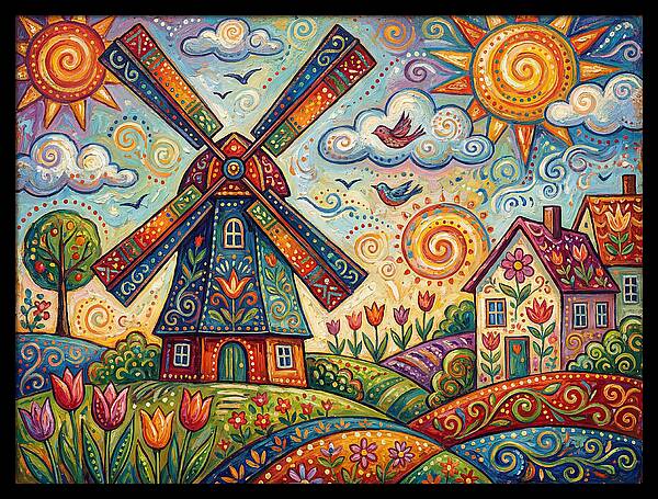 Dutch Windmill In Vibrant Landscape