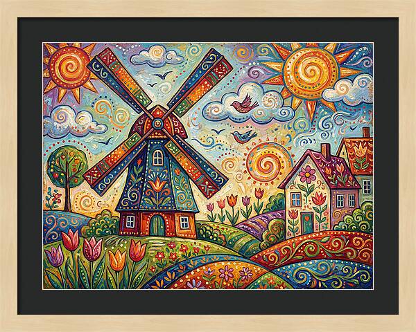 Dutch Windmill In Vibrant Landscape