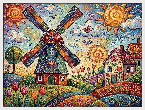 Dutch Windmill In Vibrant Landscape