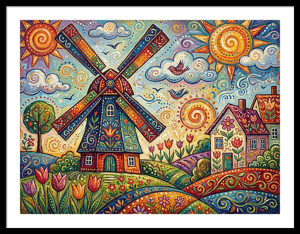 Dutch Windmill In Vibrant Landscape