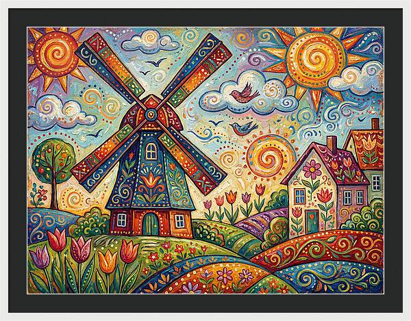 Dutch Windmill In Vibrant Landscape