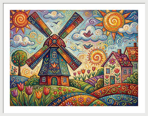Dutch Windmill In Vibrant Landscape