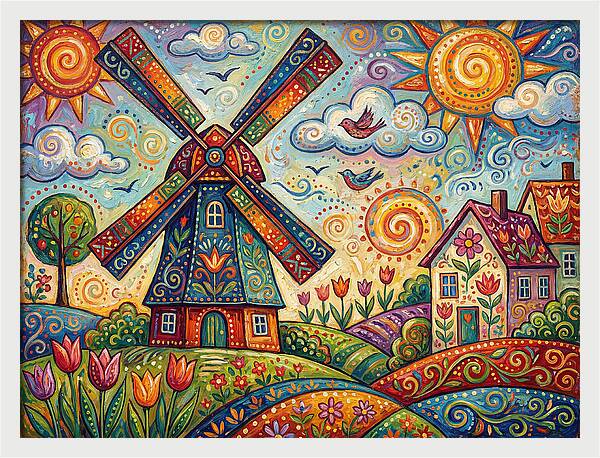 Dutch Windmill In Vibrant Landscape