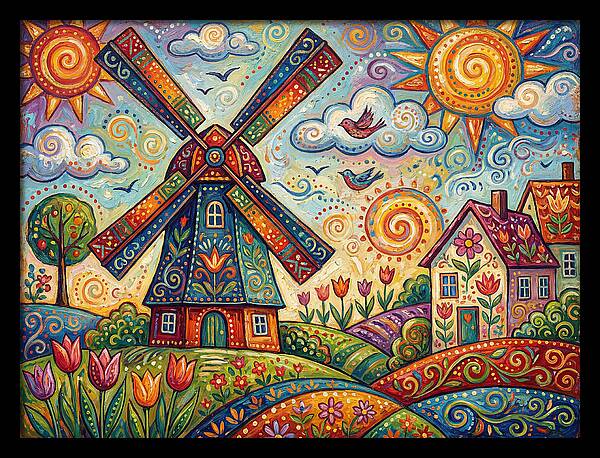 Dutch Windmill In Vibrant Landscape