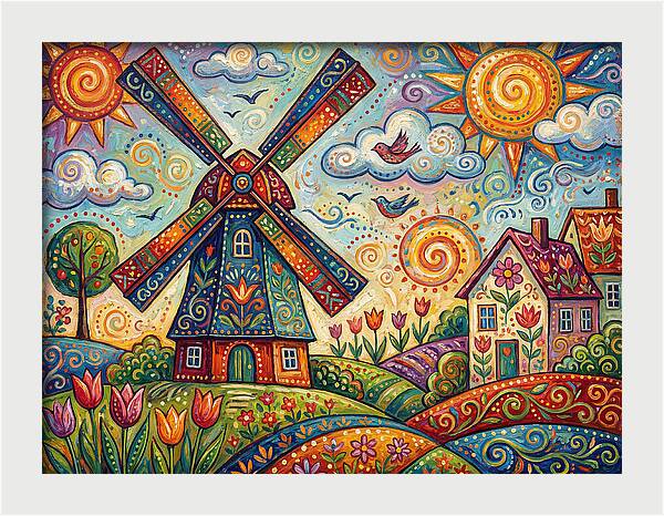 Dutch Windmill In Vibrant Landscape