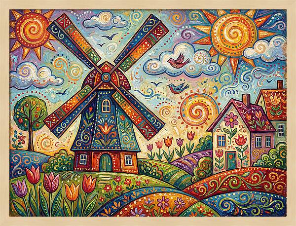Dutch Windmill In Vibrant Landscape
