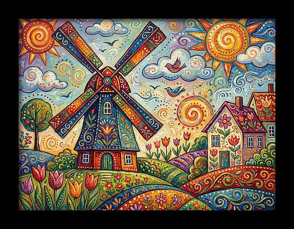 Dutch Windmill In Vibrant Landscape
