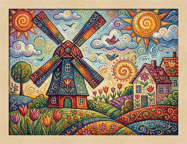 Dutch Windmill In Vibrant Landscape