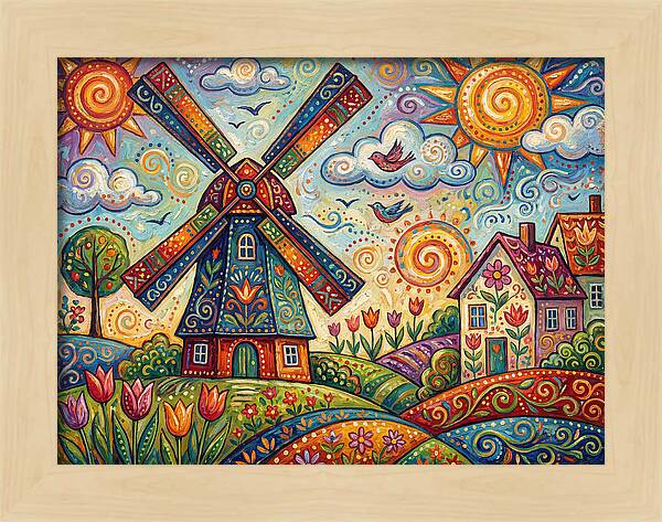 Dutch Windmill In Vibrant Landscape