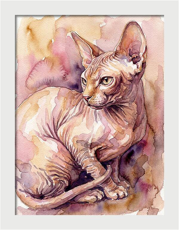 Elegant Sphynx Cat In Watercolor