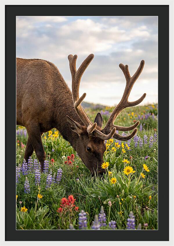 Elk Grazing Among Wildflowers