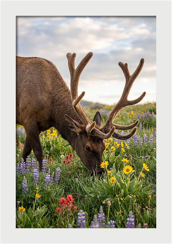 Elk Grazing Among Wildflowers