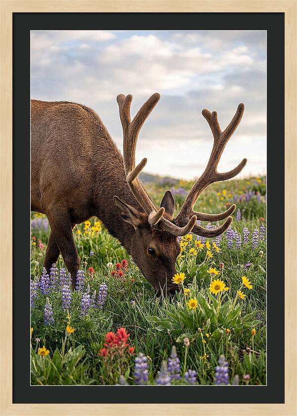Elk Grazing Among Wildflowers