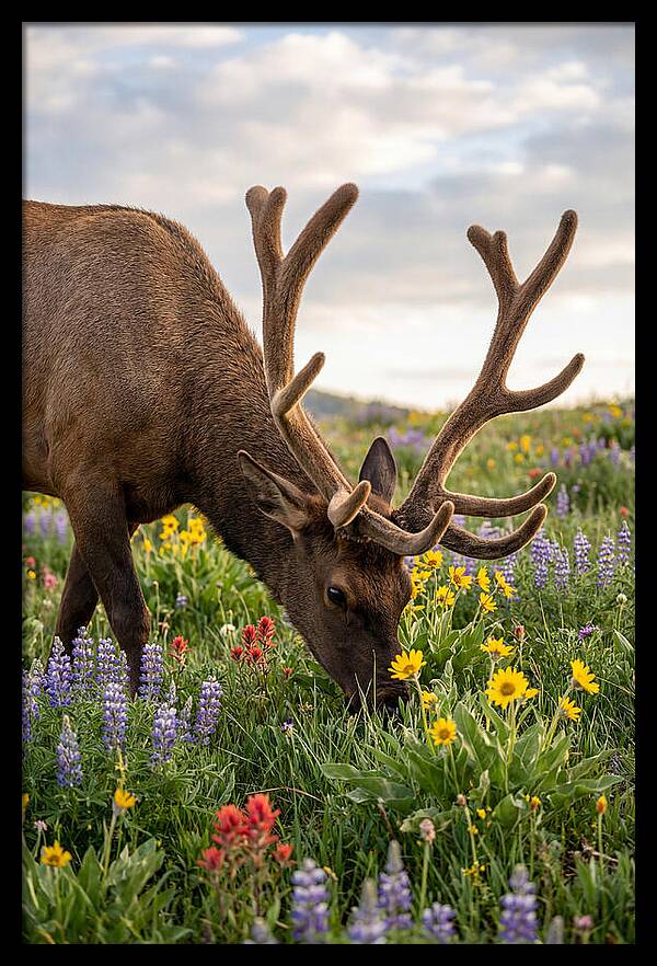 Elk Grazing Among Wildflowers