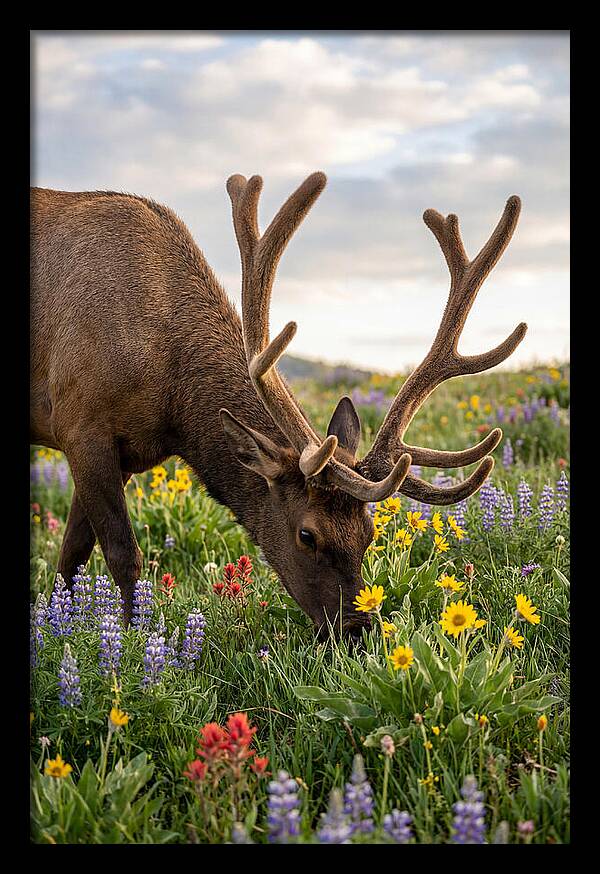 Elk Grazing Among Wildflowers