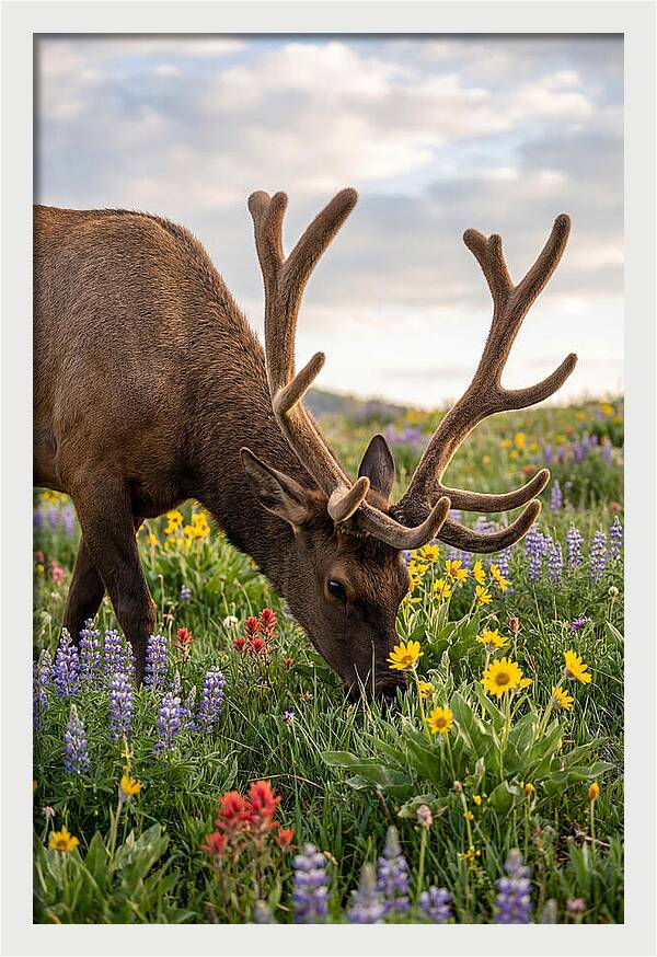 Elk Grazing Among Wildflowers