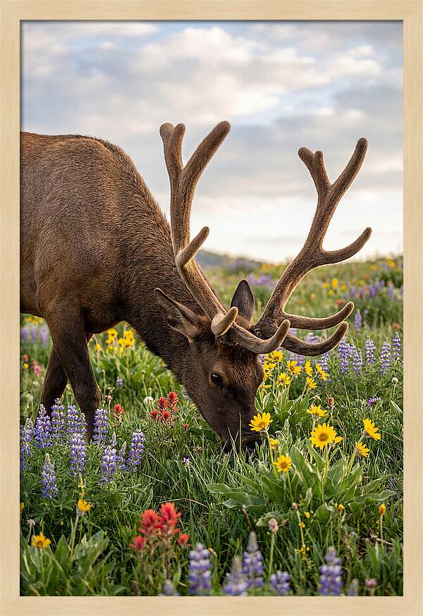 Elk Grazing Among Wildflowers