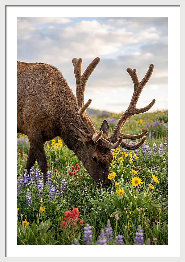 Elk Grazing Among Wildflowers