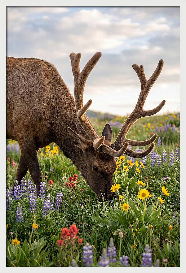 Elk Grazing Among Wildflowers