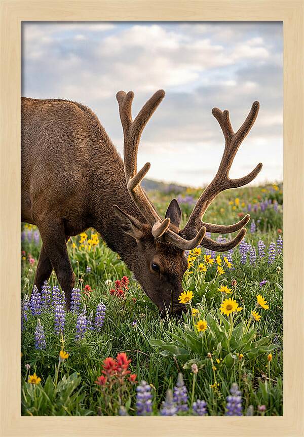 Elk Grazing Among Wildflowers