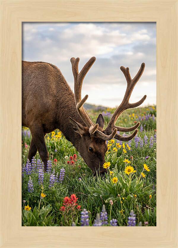 Elk Grazing Among Wildflowers