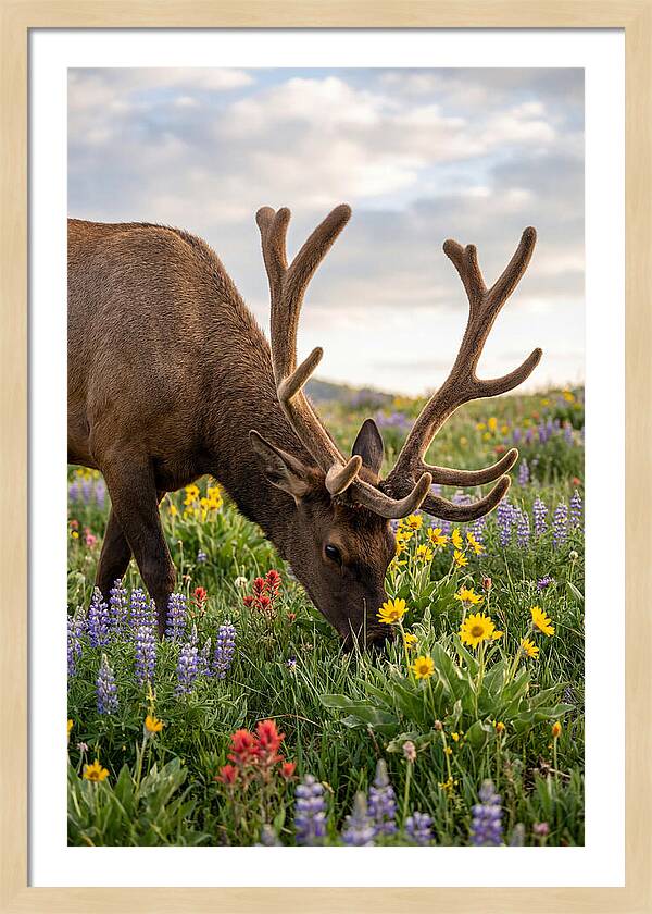 Elk Grazing Among Wildflowers