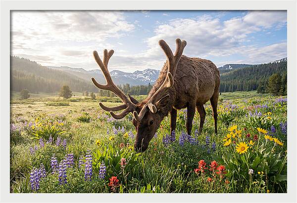Elk Grazing In Blooming Meadow