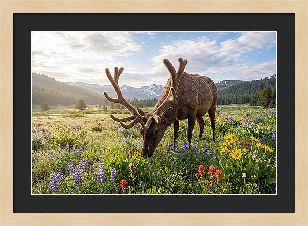 Elk Grazing In Blooming Meadow
