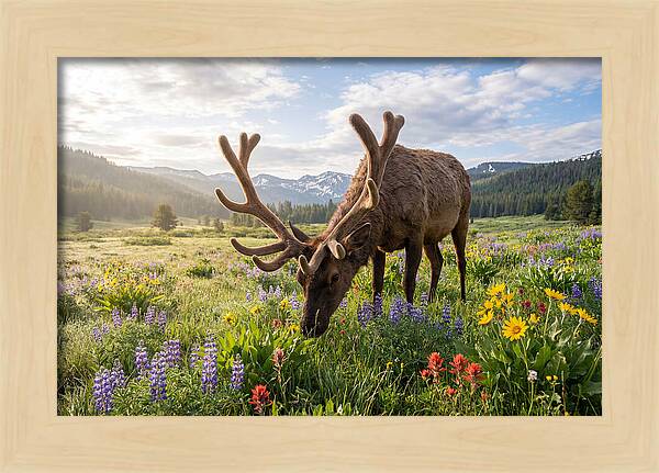 Elk Grazing In Blooming Meadow