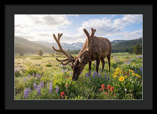 Elk Grazing In Blooming Meadow