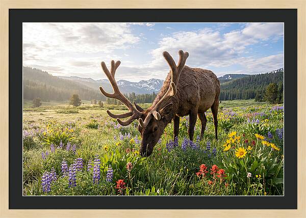 Elk Grazing In Blooming Meadow
