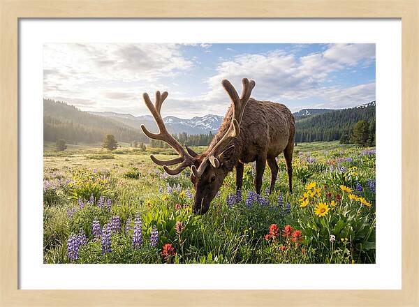 Elk Grazing In Blooming Meadow