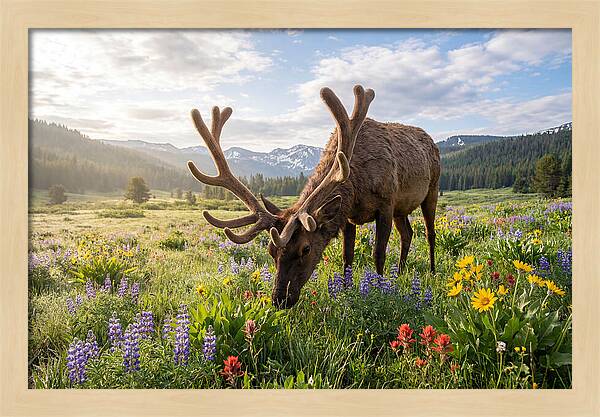 Elk Grazing In Blooming Meadow