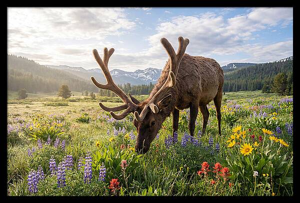 Elk Grazing In Blooming Meadow