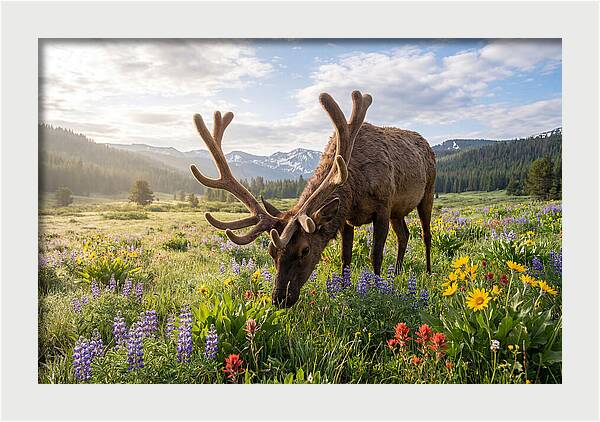 Elk Grazing In Blooming Meadow