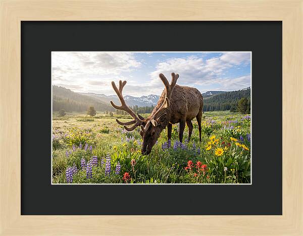 Elk Grazing In Blooming Meadow