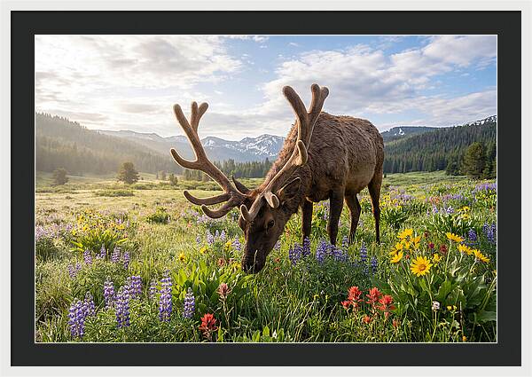 Elk Grazing In Blooming Meadow