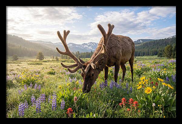 Elk Grazing In Blooming Meadow