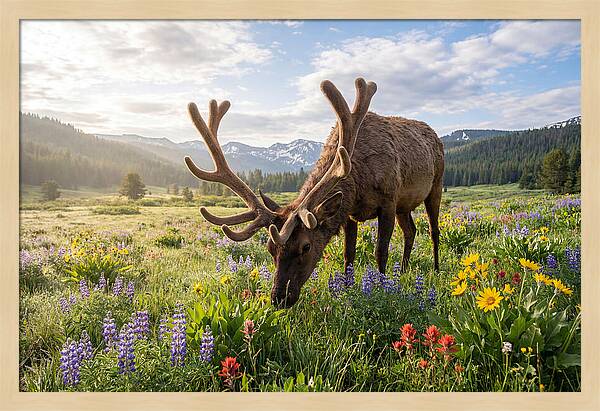 Elk Grazing In Blooming Meadow