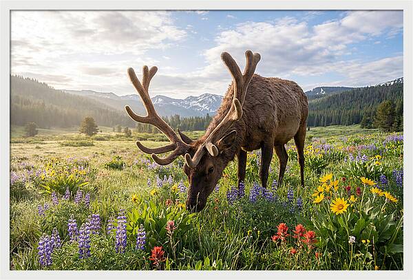 Elk Grazing In Blooming Meadow