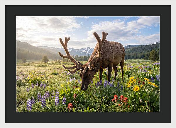 Elk Grazing In Blooming Meadow