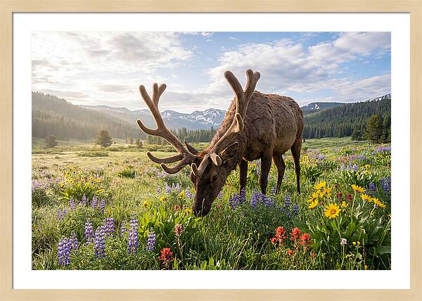 Elk Grazing In Blooming Meadow