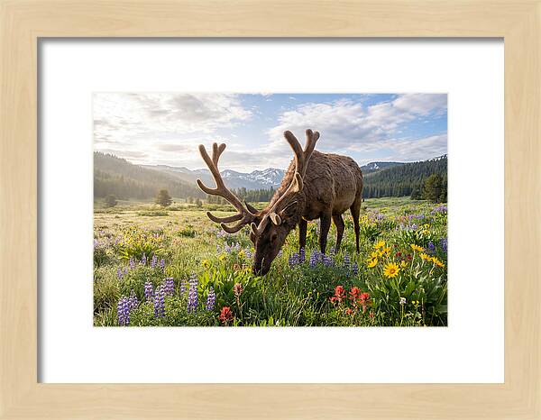 Elk Grazing In Blooming Meadow
